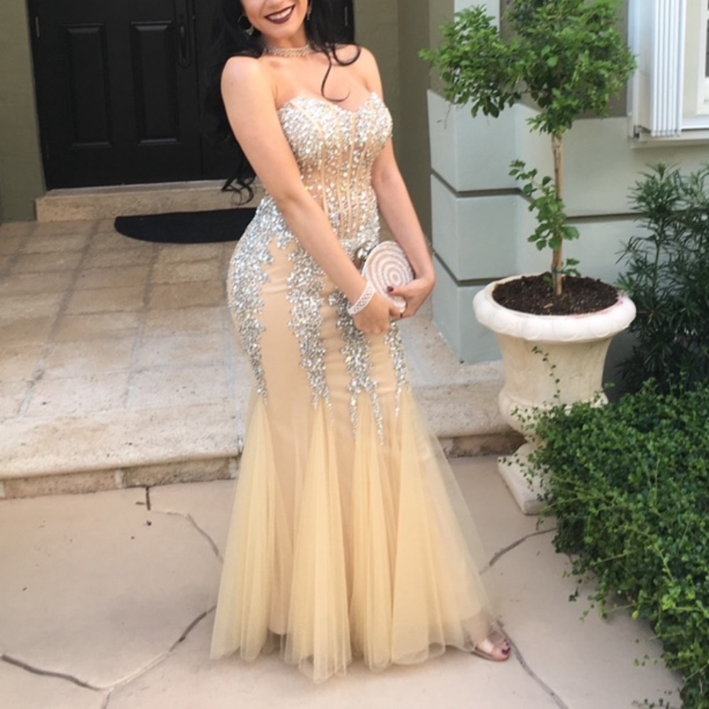 JOVANI Strapless Champagne Mermaid Dress | PROM